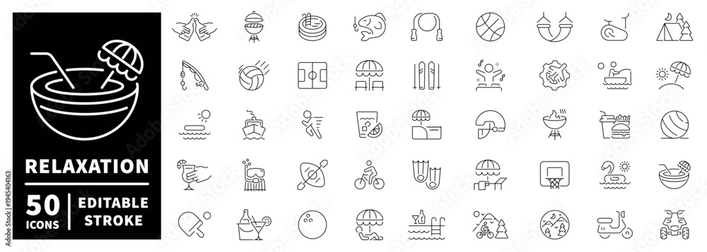 Fototapeta premium Relaxation icon set: linear editable stroke style with thin line design for leisure activities
