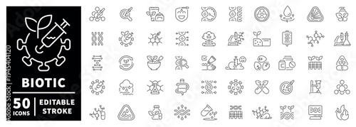 Biotic line icons set with editable stroke in thin line style for eco science and health
