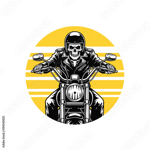 Striking illustration of a skull figure riding a motorcycle with a retro sunset