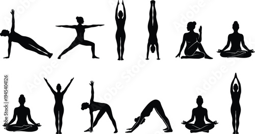 Yoga, Pose, Silhouette, Woman, Fitness, Meditation, Exercise, Stretching, Balance, Wellness, Asana, Flexibility, Training, Healthy, Lifestyle, Relaxation, Sport, Posture, Collection, Vector