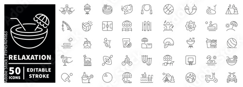 Relaxation icon set: linear editable stroke style with thin line design for leisure activities