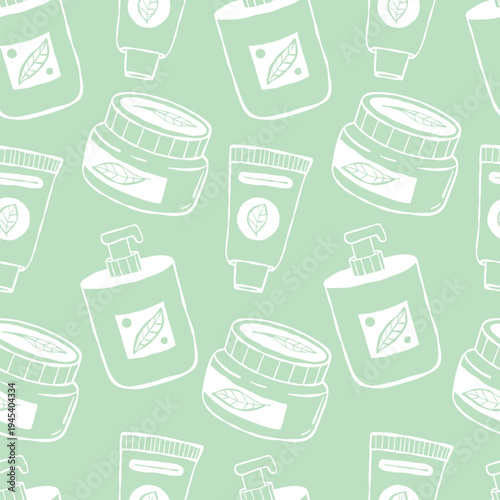 Outline Natural Cosmetics Seamless Pattern. White Linear eco herbal Cream, Skincare Bottles on Light Green Background. Hand Drawing Doodle. Vector Square illustration