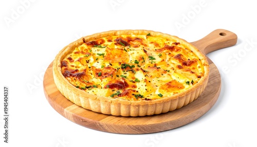 A baked savory tart on a wooden cutting board, featuring a golden-brown crust and a creamy filling. The dish is garnished with fresh green herbs