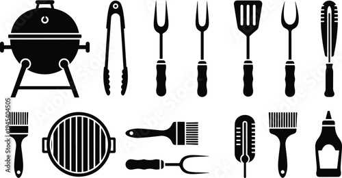 Barbecue grill tools silhouette icon set with grill, tongs, fork, spatula and cooking accessories