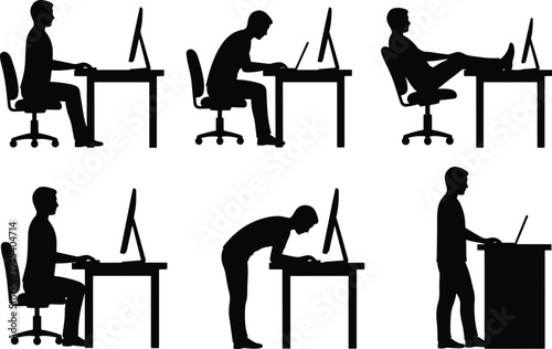 Office worker computer posture silhouette set showing different sitting and standing desk working positions