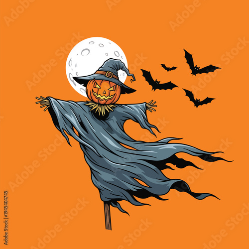 Spooky Halloween night illustration with a pumpkin-headed scarecrow and flying bats under a full moon