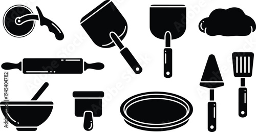 Pizza baking tools silhouette icon set with cutter, rolling pin, spatula and kitchen utensils