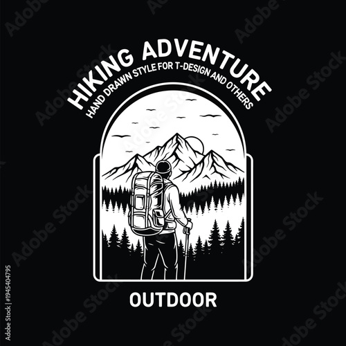 Outdoor Hiking Adventure Illustration of Person Trekking in Mountains and Forest Landscape