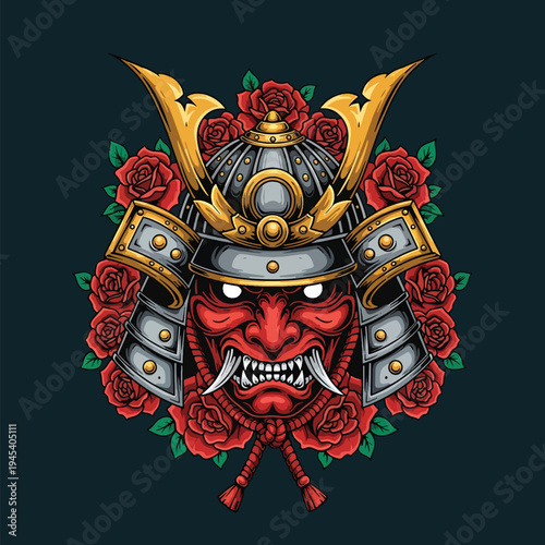 Fearsome Traditional Warrior Mask Illustration with Ornate Helmet and Blooming Roses, Embodying Ancient Culture