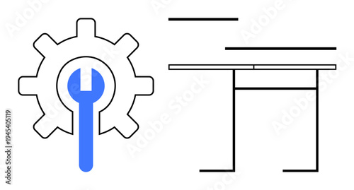 Technical setup, software tools, repair services, workspace design, system optimization, industry solutions. Gear with wrench next to table outline. Technical setup and repair services concept