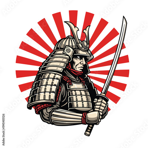 Powerful Japanese warrior in armor, holding katana, stylized graphic against sunburst.