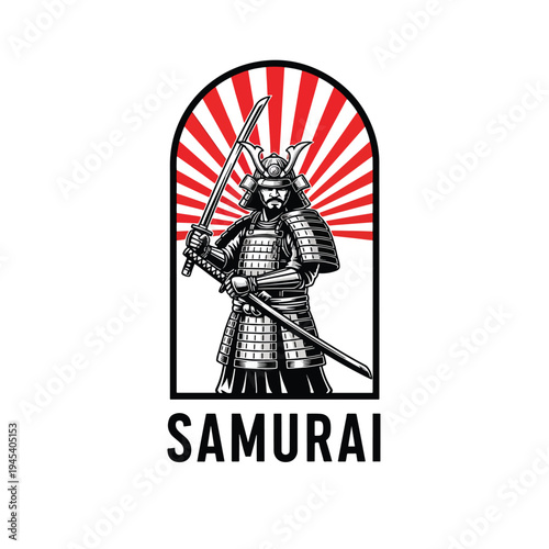 Emblem of an East Asian warrior in traditional armor holding a sword, against a rising sun