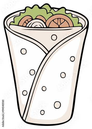 Wrapped food illustration of a savory meal with vegetables and fillings.