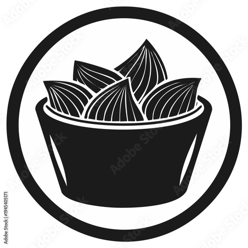 Almonds in a bowl illustration, simplistic outline design emphasizing organic snack and wholesome dietary food choices with dark circle frame