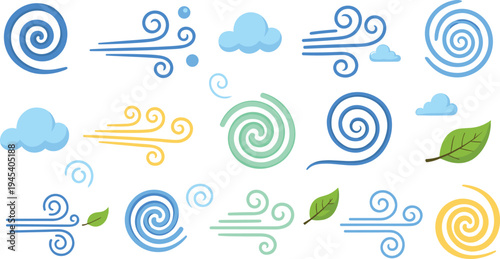 Wind swirl and breeze elements collection with clouds, spiral airflow, flying leaves and gentle wind motion decorative vector illustration set