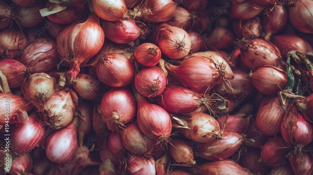 Obraz premium Freshly Harvested Shallots Piled Together on a Rustic Wooden Surface, Showcasing Their Unique Shape and Rich Color Variation for Culinary Inspiration