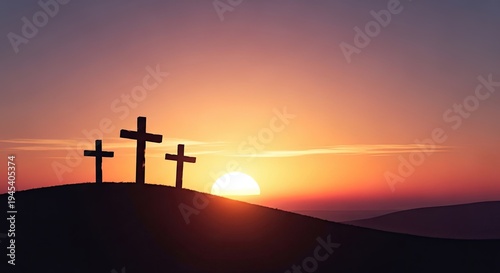 Three Christian crosses on a hill in the setting orange sun, a symbol of faith, hope, and resurrection