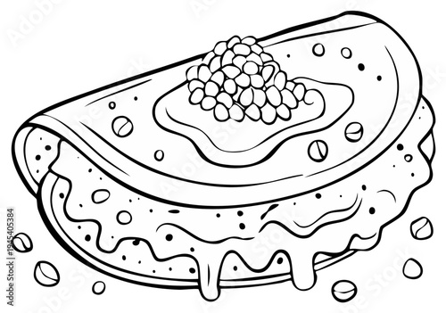 Crepe with toppings illustration for coloring or recipe books black and white graphic