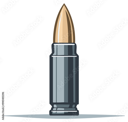 Metallic bullet isolated, firearm ammunition concept illustration, crime, danger