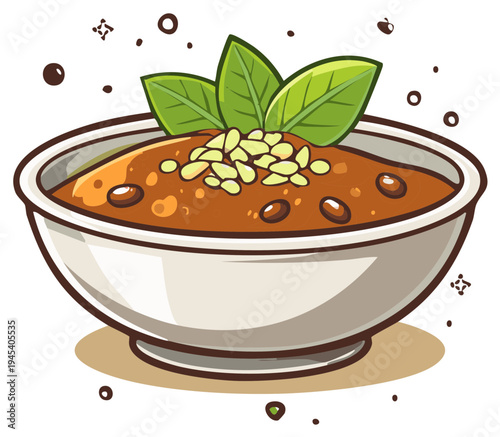 Cartoon bowl of hearty stew with fresh basil and toppings