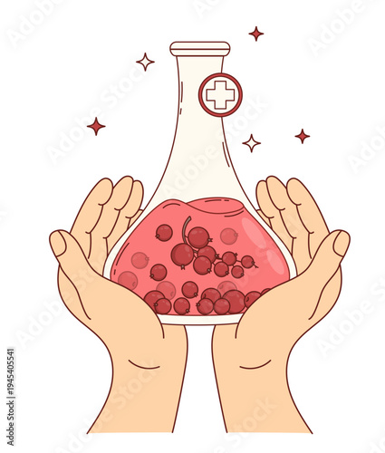 Hands Holding Laboratory Flask with Red Berry Currant Extract and Medical Cross. Herbal Pharmacy and natural health addition Concept. Vector Illustration