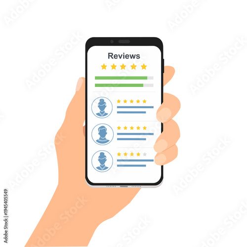 Hand holding smartphone with rating and reviews on the screen, feedback concept