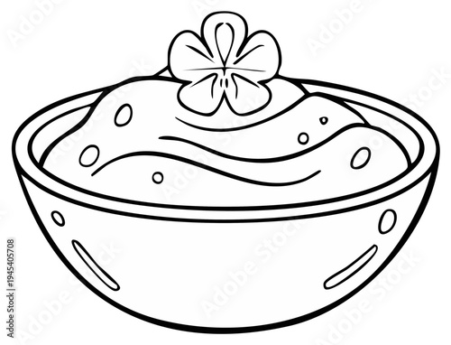 Outline drawing of a bowl of mashed potatoes topped with a flower decoration