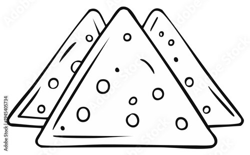 Outline of three triangular nachos, simple monochrome artwork for menu, cooking, or food concepts.