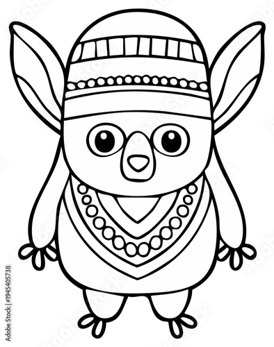 Cute cartoon creature with large ears and decorative necklace wearing a patterned hat