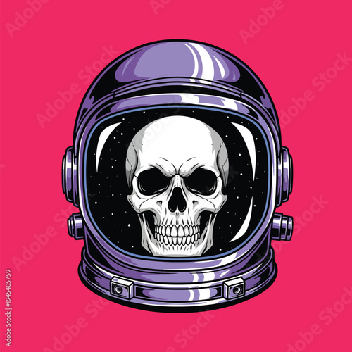 Conceptual vector art: a human skull peering from an astronaut's helmet, cosmic reflection