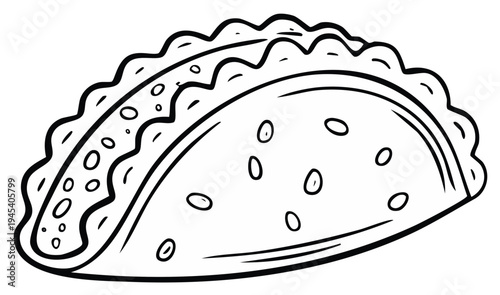 Hand drawn illustration of a single taco in black and white outline style