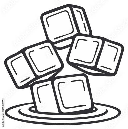 Hand-drawn illustration of ice cubes splashing into water, simple line art for cool refreshment concepts