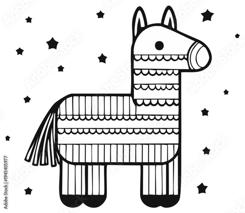 Festive black and white outline illustration of a piñata with stars for fiesta themed coloring pages and decor