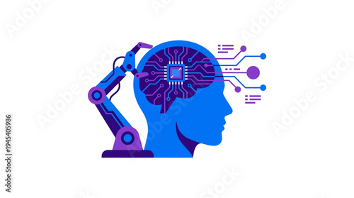 Blue Robotic Head with AI Neural Circuitry. Vector Illustrations. EPS Editable