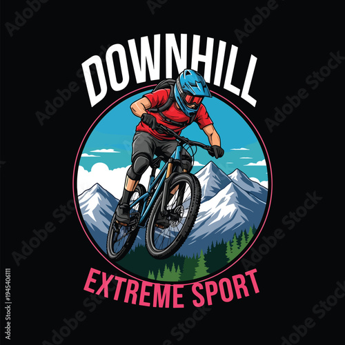 Vector illustration: Dynamic mountain biker riding extreme downhill trail in alpine environment.