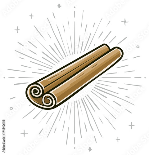 Cartoon cinnamon sticks with sunburst, spice illustration
