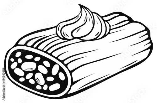 Hand drawn illustration of a strudel pastry with creamy topping ready for consumption
