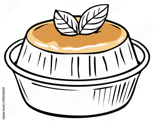 Hand-drawn illustration of a creamy custard dessert with fresh mint leaves as garnish