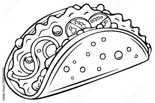 Hand drawn taco illustration with meat and vegetable toppings for coloring book or menu