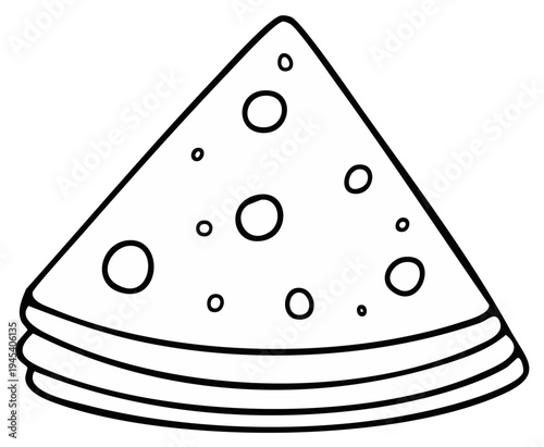Stack of triangular pancakes with holes for coloring, outline drawing. Sweet breakfast food item. Pancake day celebration.