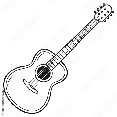 Black and white illustration of an acoustic guitar, musical instrument, outline