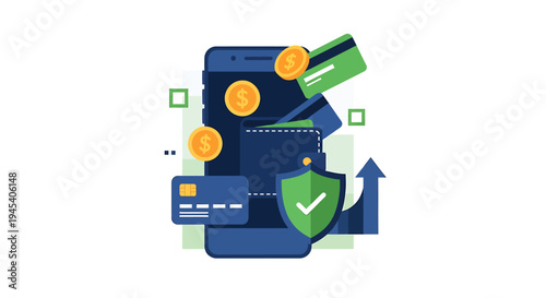 Digital Mobile Payment Security Concept With Wallet Shield. Vector Illustrations. EPS Editable