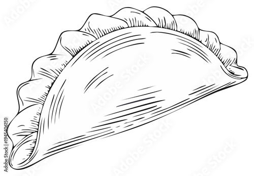 Hand Drawn Dumpling Illustration Featuring Distinctive Crimped Edge and Visible Dough Folds in Black and White