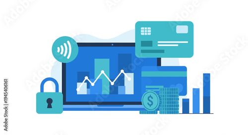 Digital Finance Security Dashboard With Graphs And Cards. Vector Illustrations. EPS Editable