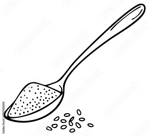 Hand-drawn spoon filled with spices, seeds, or granules with loose pile; line art for menu, ingredient illustration, or recipe book