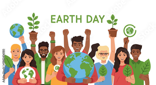 Diverse Group Celebrating Earth Day Together. Vector Illustrations. EPS Editable