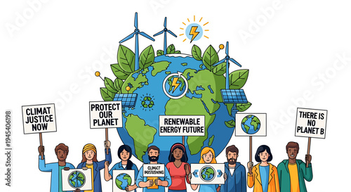 Diverse group of environmental activists protesting for climate action. Vector Illustrations. EPS Editable