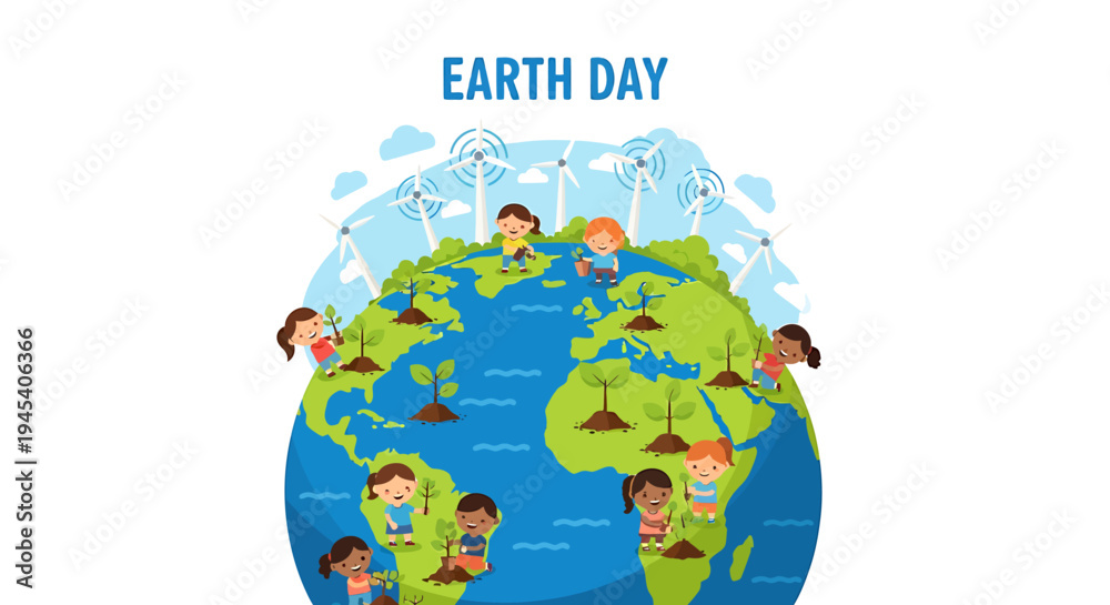 Fototapeta premium Earth Day Celebration With Globe And Children. Vector Illustrations. EPS Editable
