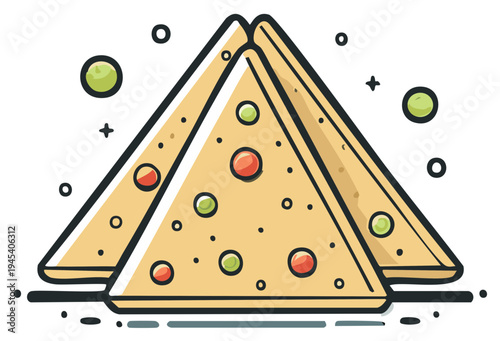Stylized triangles of food, cartoonish design, illustration of snack with green and red fillings, three servings of meal, flat graphic