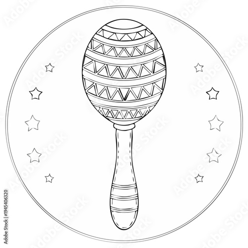 Festive Decorative Maraca Musical Instrument Outline Drawing with Stars in Circle Frame